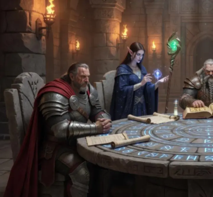 Συμβούλιο guilds σε επική αίθουσα με λάβαρα και μαγικό φως